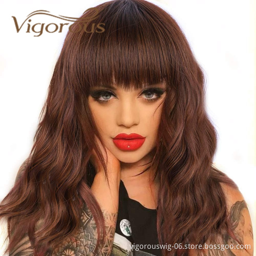 Vigorous Cheap Price Middle Long With Neat Bangs Brown Machine Made High Temperature Fiber For Black Women Synthetic Hair Wigs